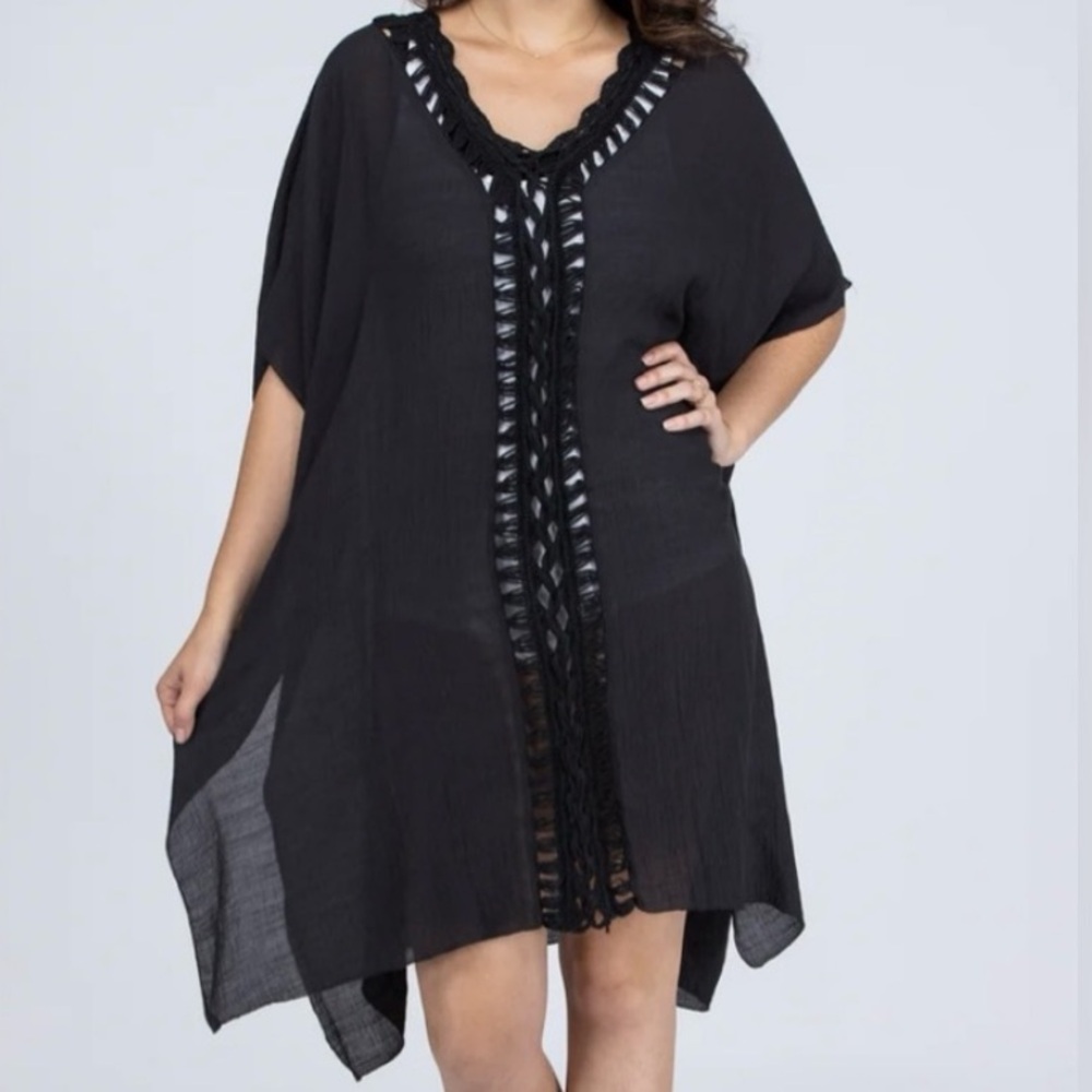 🟠NWT PRETTY SIMPLE Crochet Short Sleeve Kimono Swim Cover-Up in Black ONE SIZE
